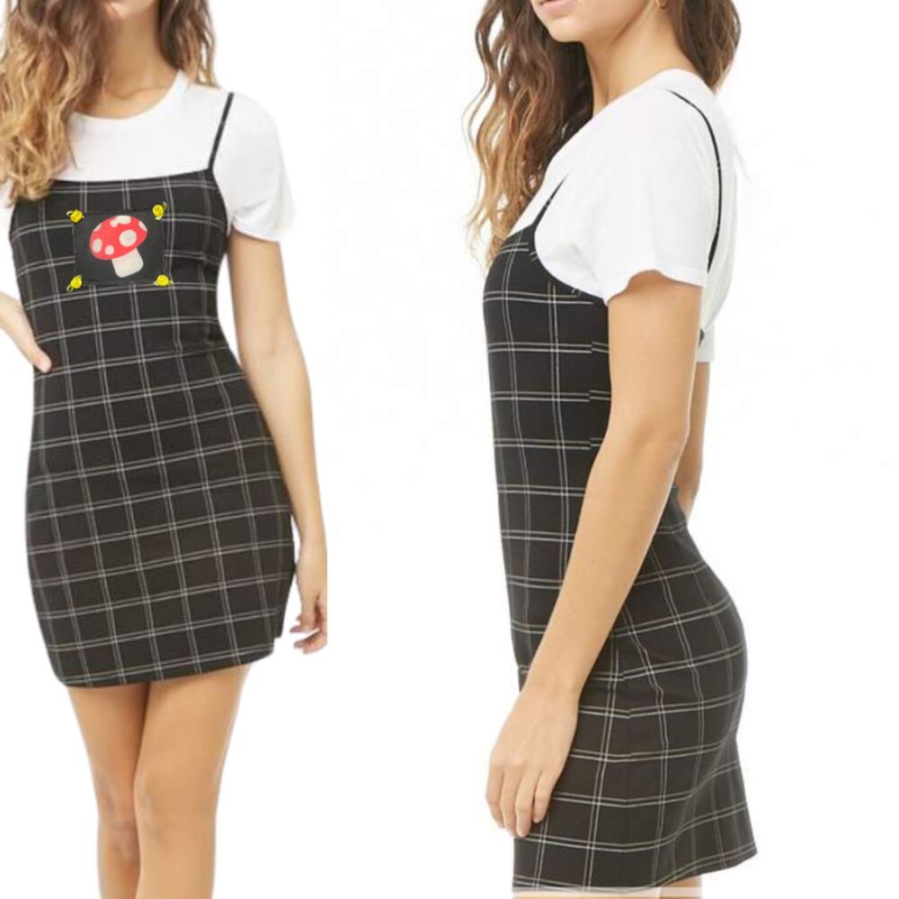 Dark Academia Mushroom Plaid Spaghetti Mini Dress